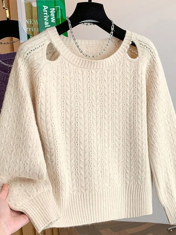 Damen-Pullover, locker gestrickt, ausgehöhlt, mit Perlen verziert, weich, gemütlich, Lazy Sle, Innenbekleidung, Herbst und Winter