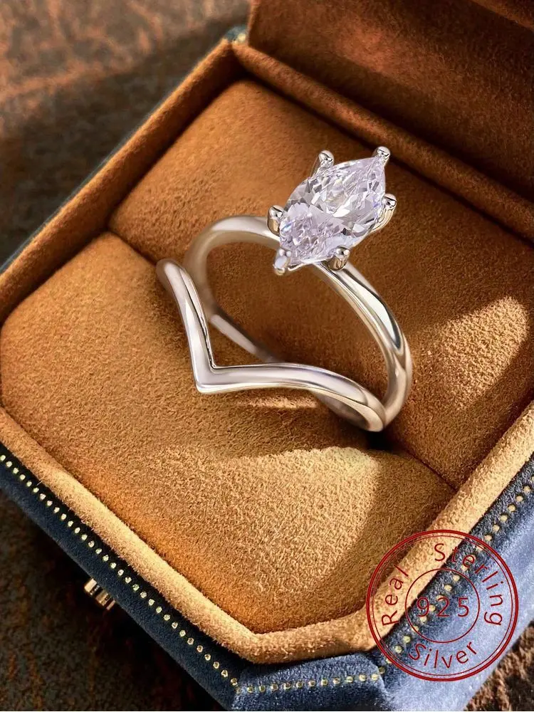 

925 Sterling Silver Simple V-Shap Marquise Zircon Ring Set For Women Anniversary Wedding Luxury High Quality Fine Jewelry