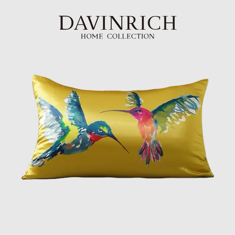 DAVINRICH Real Silk Kingfisher Bird Decorative Cushion Cover Removable Washable Silky Throw Pillowcase American Style Home Decor