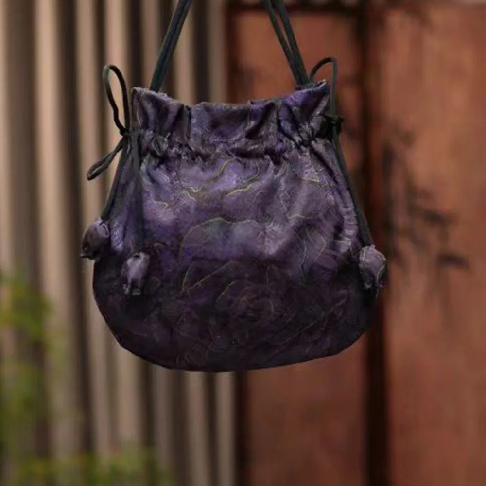 Silk Material Retro Handbags Drawstring Closure Storage Function Drawstring Purse Embroidery Design Bucket Bag Jewelry Packing