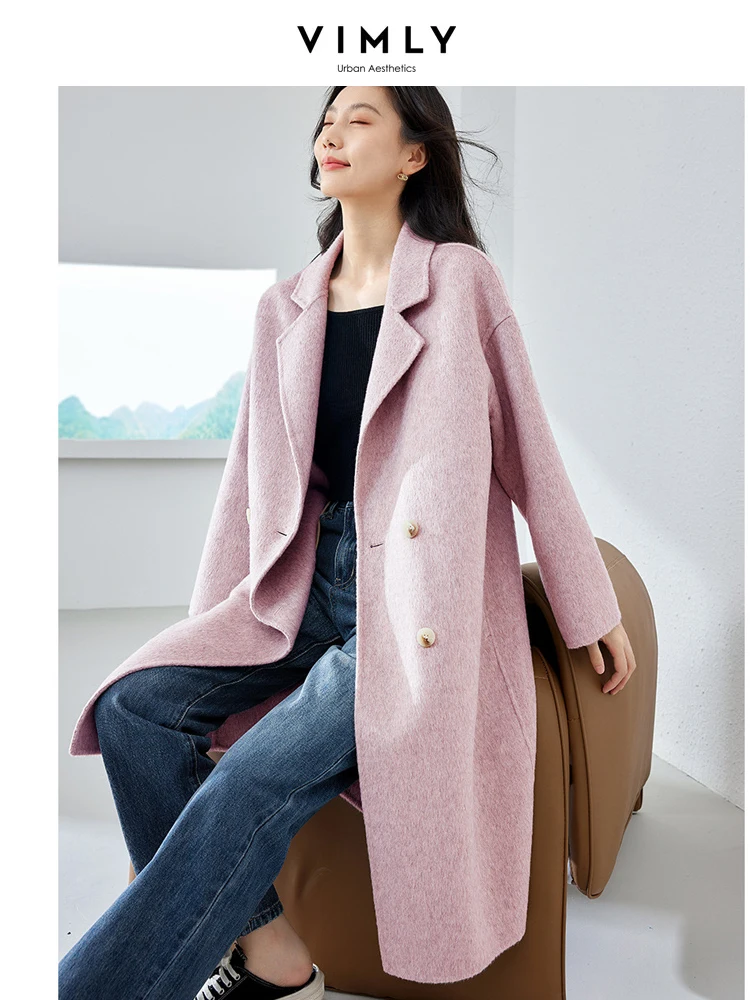 Vimly Double Faced Woolen Long Coats for Women 2023 Elegant Fashion Female Warm Overcoat Woman Notched Collar Outerwears 50690