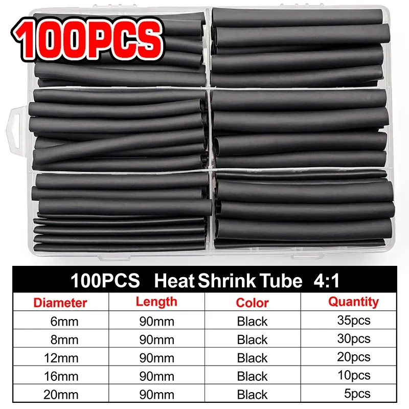 4:1 Black Heat Shrink Tubing 100Pcs Flame Retardant Anti-Oxidation Sleeve For Forklift Industrial Vehicle Cable Insulation
