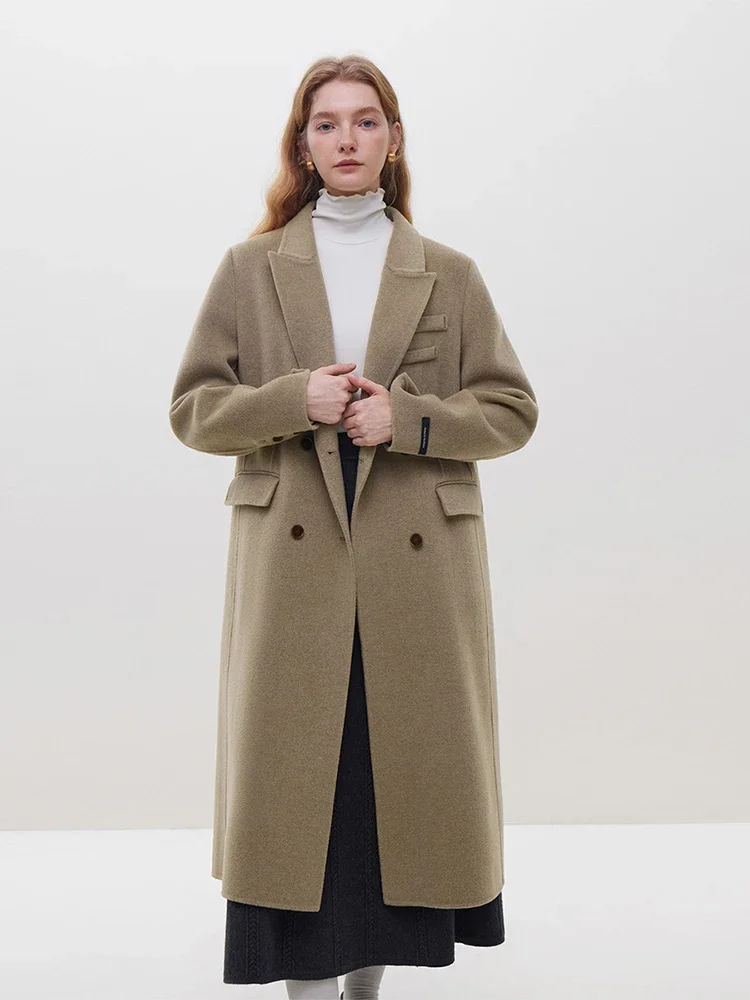 FSLE 【4 Colors】100% Wool Front Shoulder Temperament Long Coffee Woolen Jackets Slit Design Notched Collar Double Breasted Coats