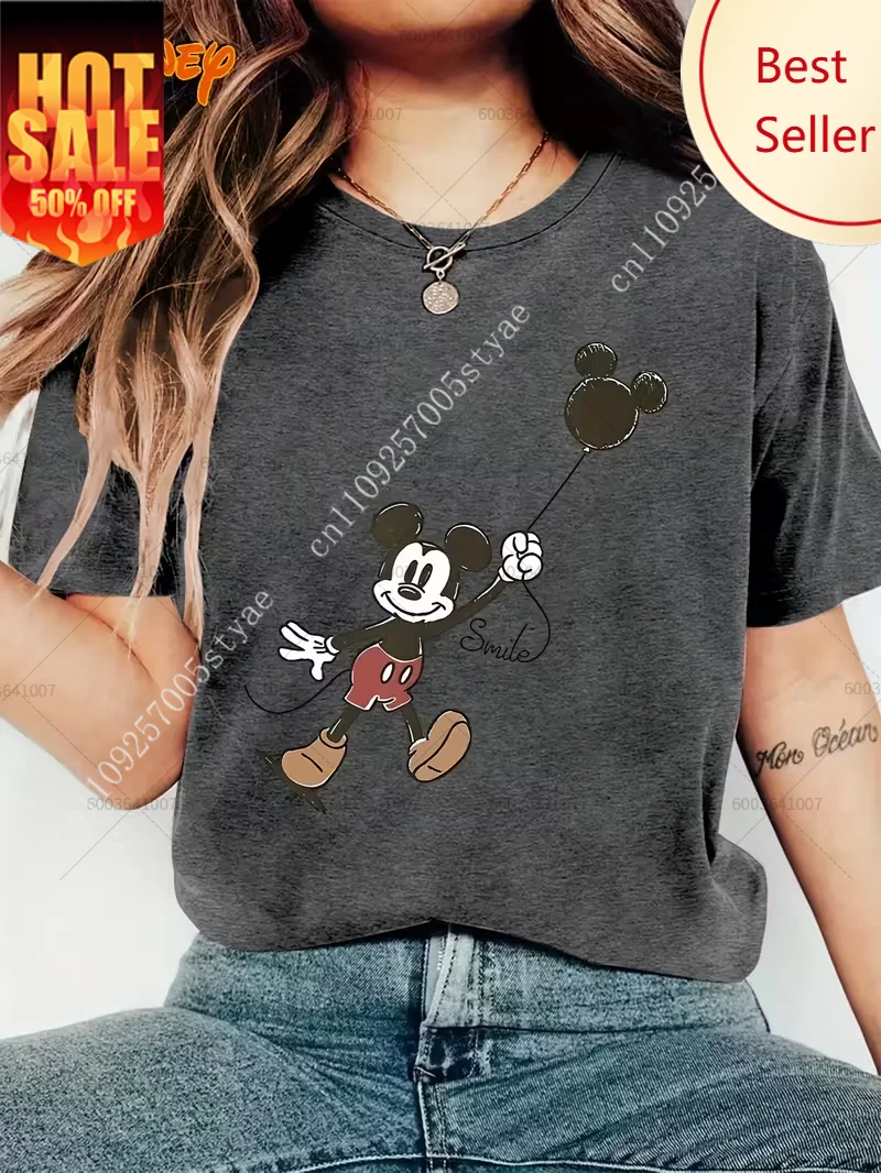 

Disney Mickey Mouse Minnie Balloon Vintage Women's Men Cotton T Shirt Tee Unisex Short Sleeve Oversized Casual Couple Streetwear