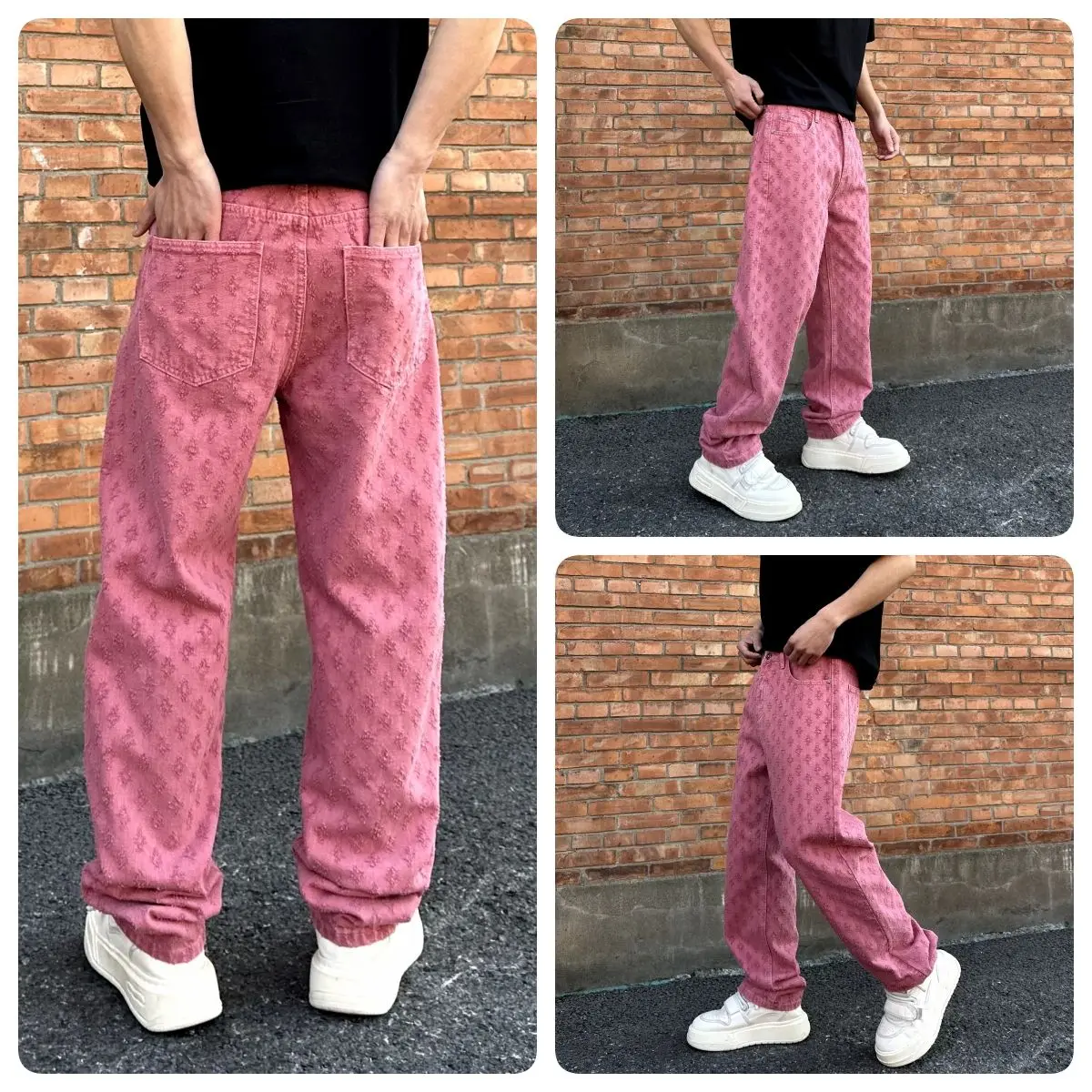 الرجعية السراويل الطويلة شارع العليا Ins العصرية الملونة الجاكار تصميم الجينز الرجال فضفاض واسعة الساق الهيب هوب الجينز #5