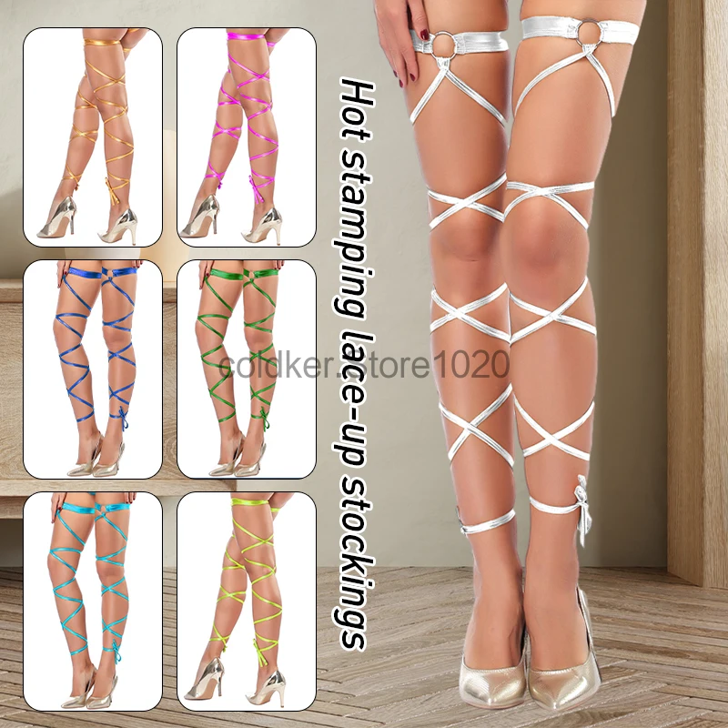 New Women Sexy Lingerie Bandage Fishnet Stockings Pu Leather Belt Leg Ring Long Tie Belt Thigh-high Rave Wraps Strappy Tights