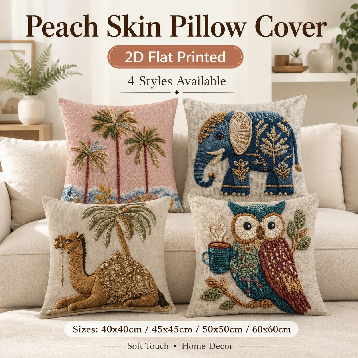 

One-Piece 2D Flat Printed Peach Skin Pillow Cover Elephant Owl Camel Cushion Case For Sofa Living Room Home Decor 40x40