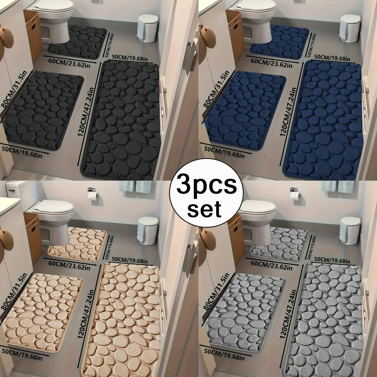 

3pcs Set Chic Cobblestone Design Kitchen Mat Soft Washable Anti-Skid Absorbent Home Decor Decor Rug / Shower Mat /bath Mat