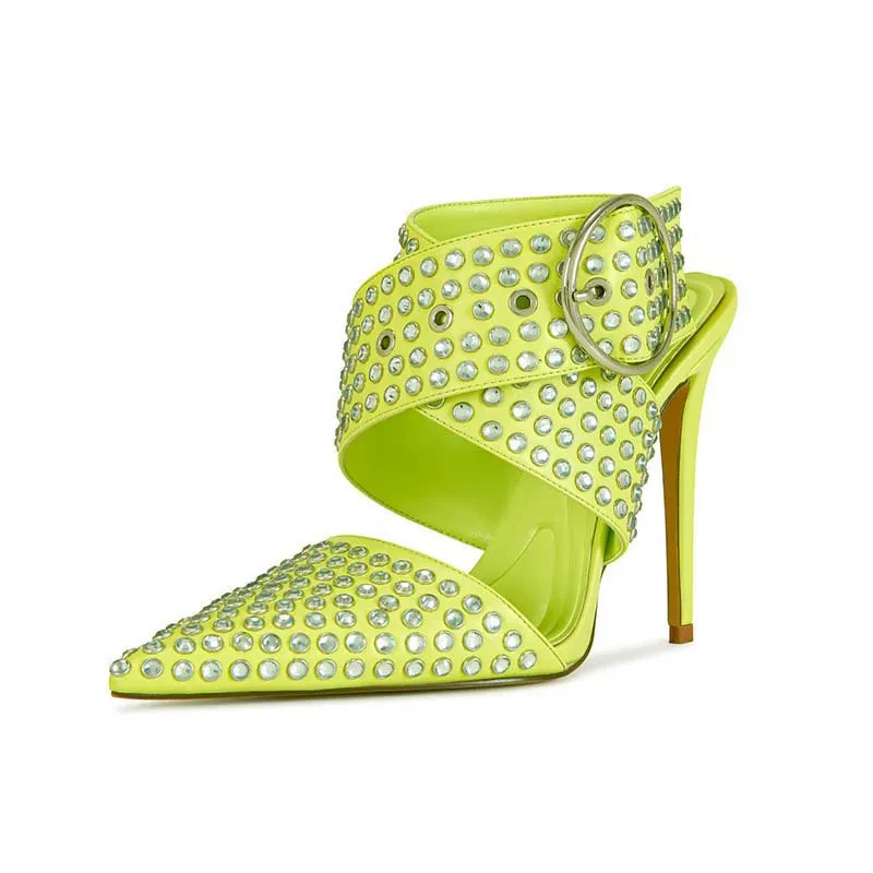 

Rhinestone Pointed Open-Toe Buckle Mules Stiletto-Heeled Strappy Dress Sandals Soft Leather Slip-On Party Shoes Sandalias Mujer