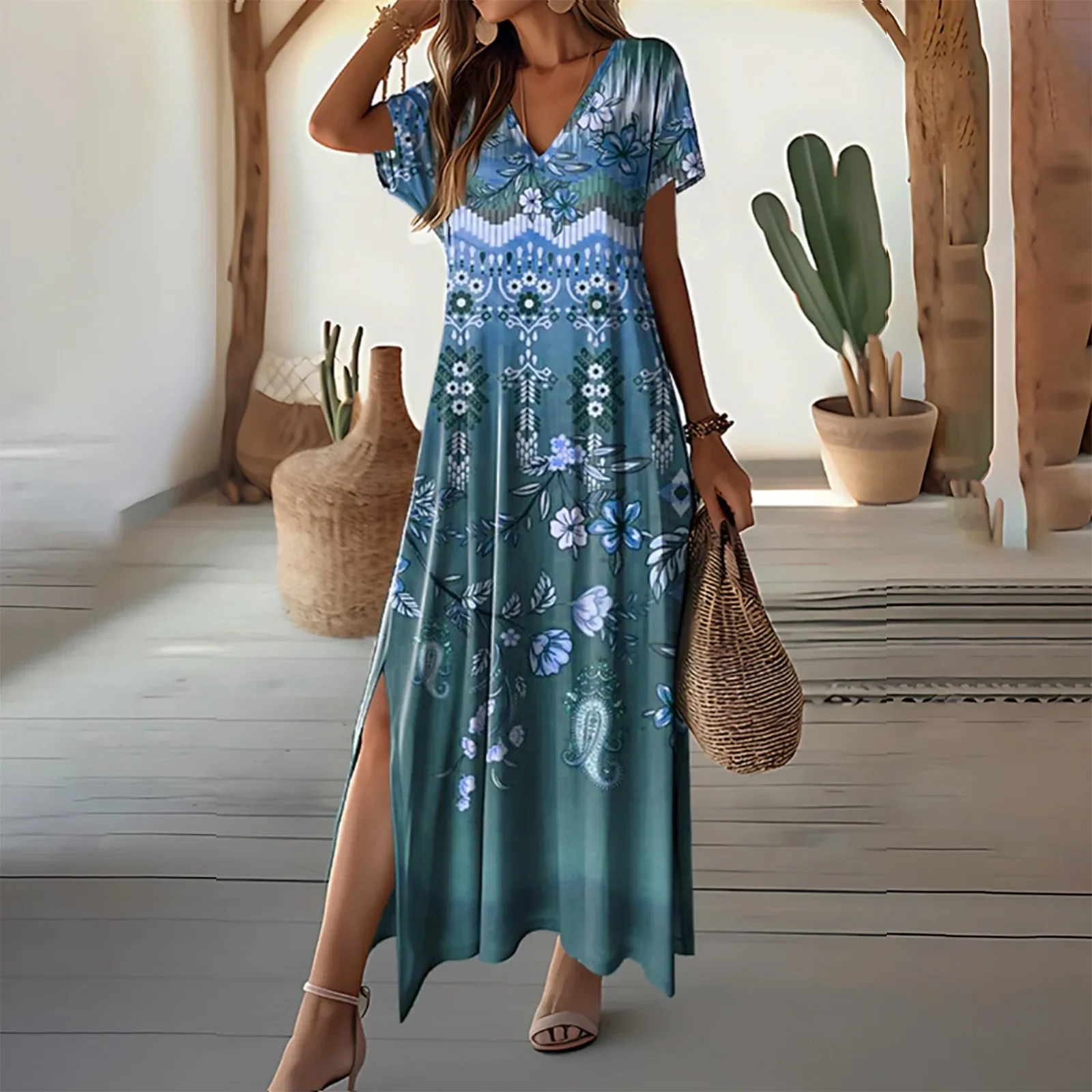 

Women Summer Dress Colorful Print V Neck Side Split Casual Dress Loose A-line Short Sleeves Ankle Length Vacation Maxi Dress