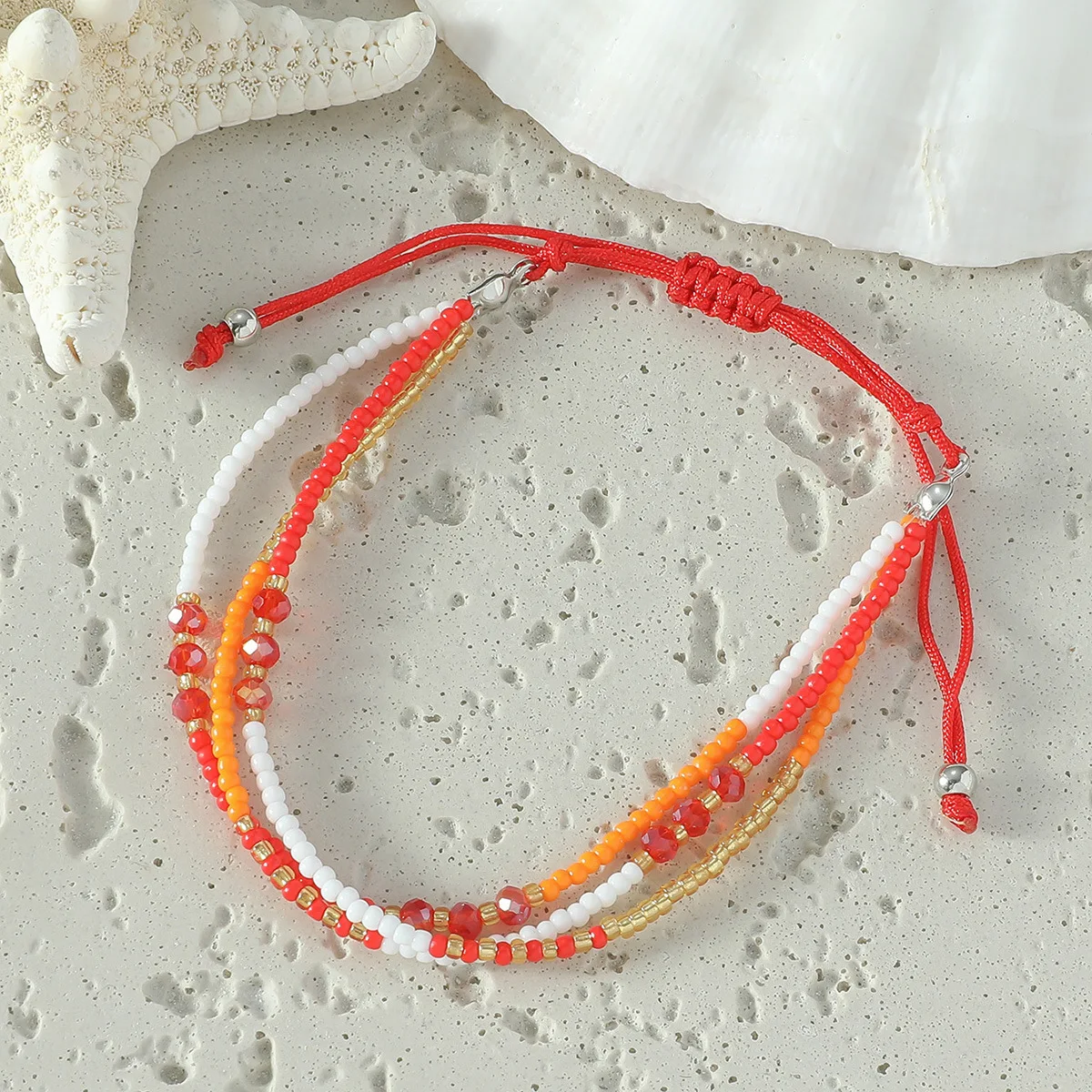 Red String Three-layer Multicolor Glass Seed Beads Handmade Adjustable Bracelet Women Orange White Corlorful Surf Jewelry Gift