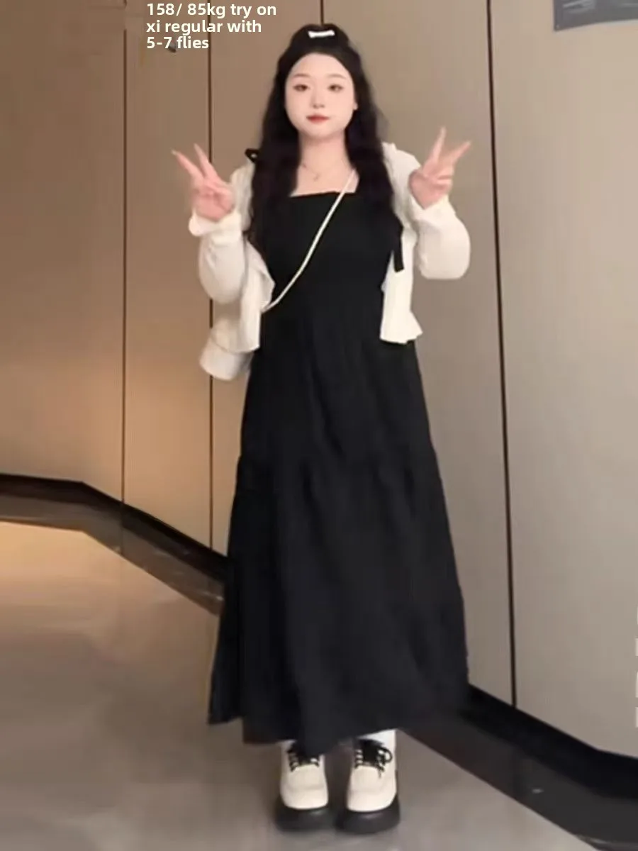 plus Size Hepburn Style Set with Open Cardigan Women's Fashion Autumn Summer Slimming Vintage Little Black Dress Ensemble