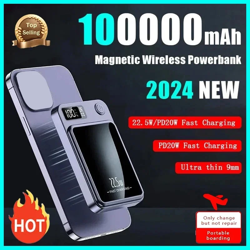 2024 nowy bezprzewodowy Power Bank 100000 magnetyczny Qi przenośny Powerbank typu C Mini szybka ładowarka do iPhone Samsung magsafe