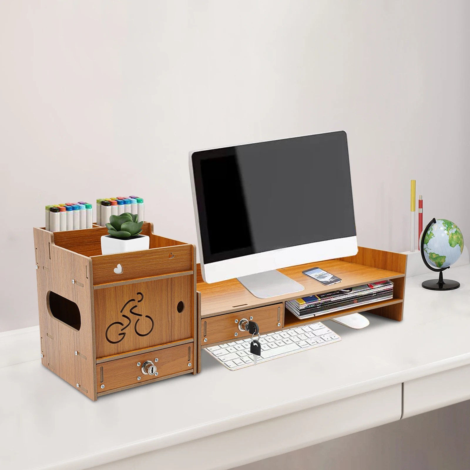 Wood Monitor Stand with Drawer & Side Organizer, 2-Tier Computer Riser with Lockable Storage, Adjustable Height 9cm/10cm for Ergonomic Sitting Posture, Home Office Desk Shelf for Laptop, PC, Phone, Books, Black/Wood Color