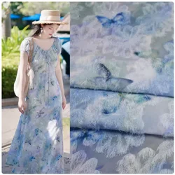 Blue Butterfly Print, Tassels Chiffon Fabric, Dress, Cheongsam, Shirt, Han Cloth Handmade Sewing Tissue, Transparent, T2219
