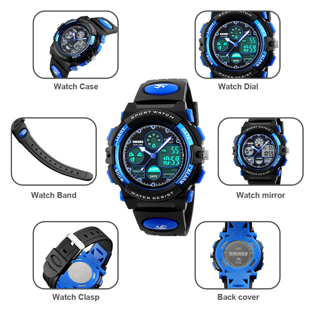 SKMEI LED Fashion Waterproof Watch Sports Kids Watches Children Waterproof Military Dual Display Wristwatches montre enfant