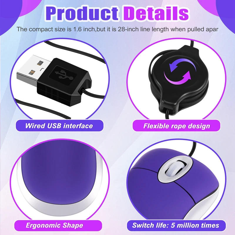 Mini USB Wired Mouse Retractable Tiny Small Mouse 1600 DPI Optical Compact Travel Mice for Windows 98 2000 XP Vista Version