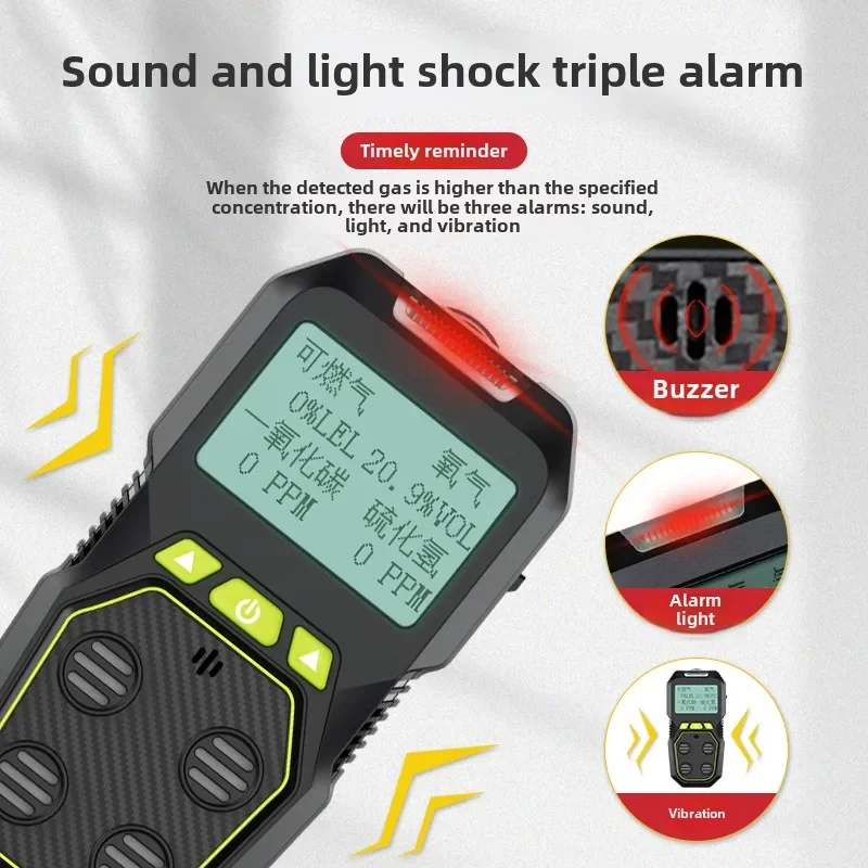 Detector de gás portátil USB 4 em 1 com alarme de gás combustível tóxico de oxigênio CO AD