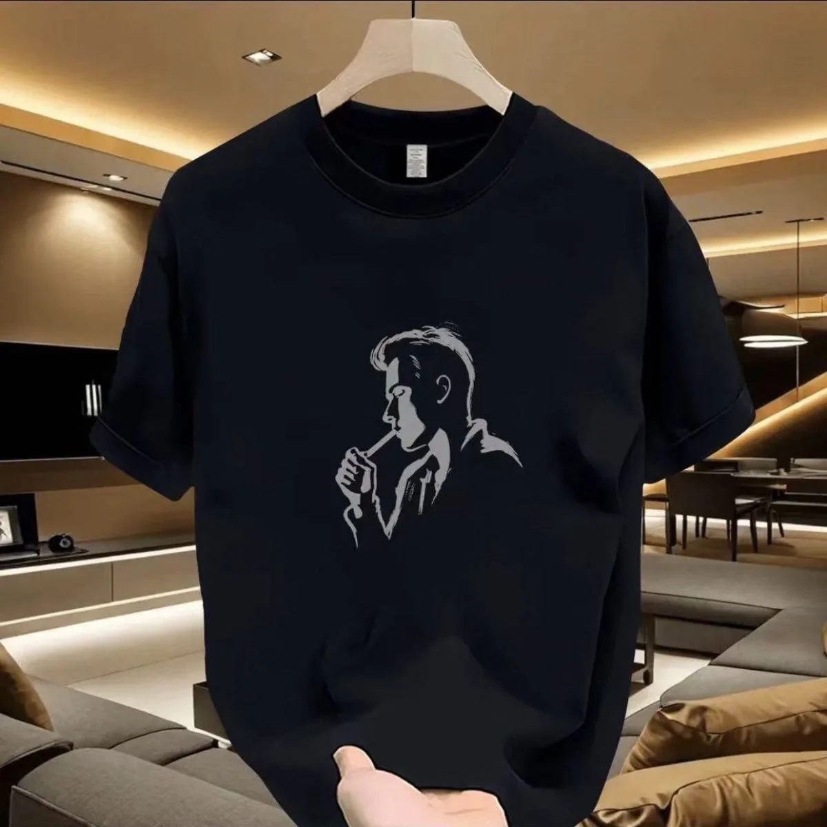 Mature Men American Street Tshirt Smoking Character Print Regular Shoulder Crew Neck Summer Short Sleeve Tees