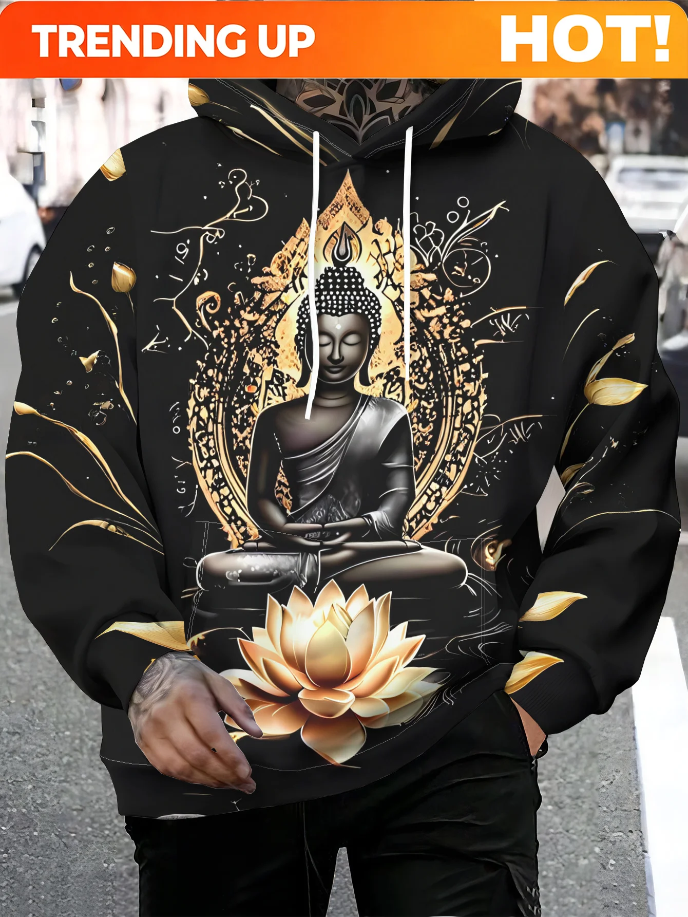 Customization Fashionable Hooded Sweatshirt, Casual Sports Hoodie With Black And Golden Statue Sitting On A Lotus Flower Surroun
