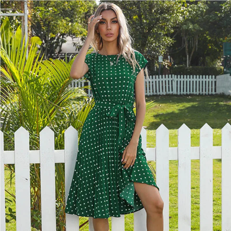 

2024 New Summer Polka Dots Sleeveless Pleated Dresses For Women High Waist Midi Elegant Office Green Lady Dinner Party Clothes