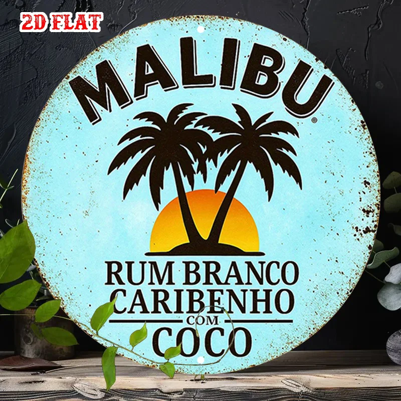 Letrero Metálico Redondo Retro Malibu Rum 2D Plano, 1 unidad - Arte de Pared Tropical de Playa con Rum Branco, Aluminio para Uso en Interiores/Exteriores - Estilo Cubano Vintage