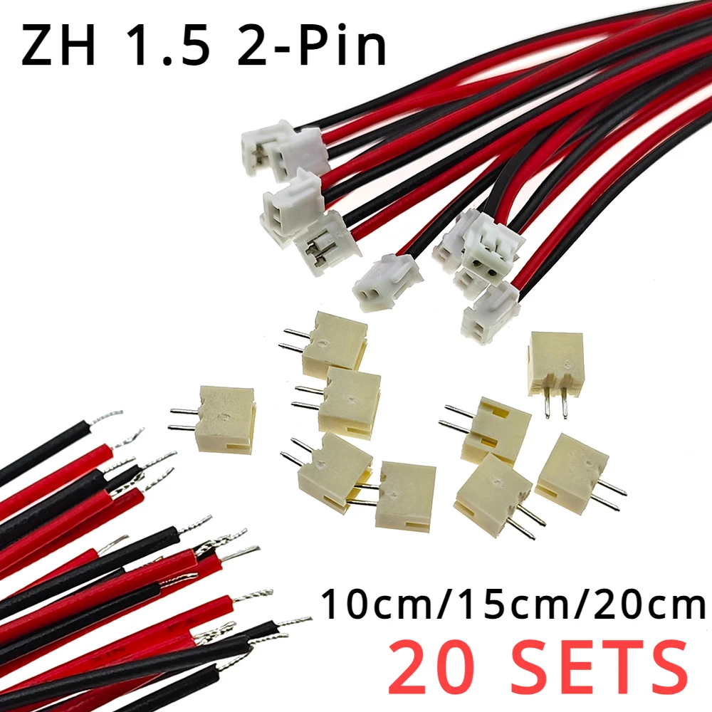 20 SETS Mini Micro ZH 1.5 2-Pin JST Connector with Wires Cable