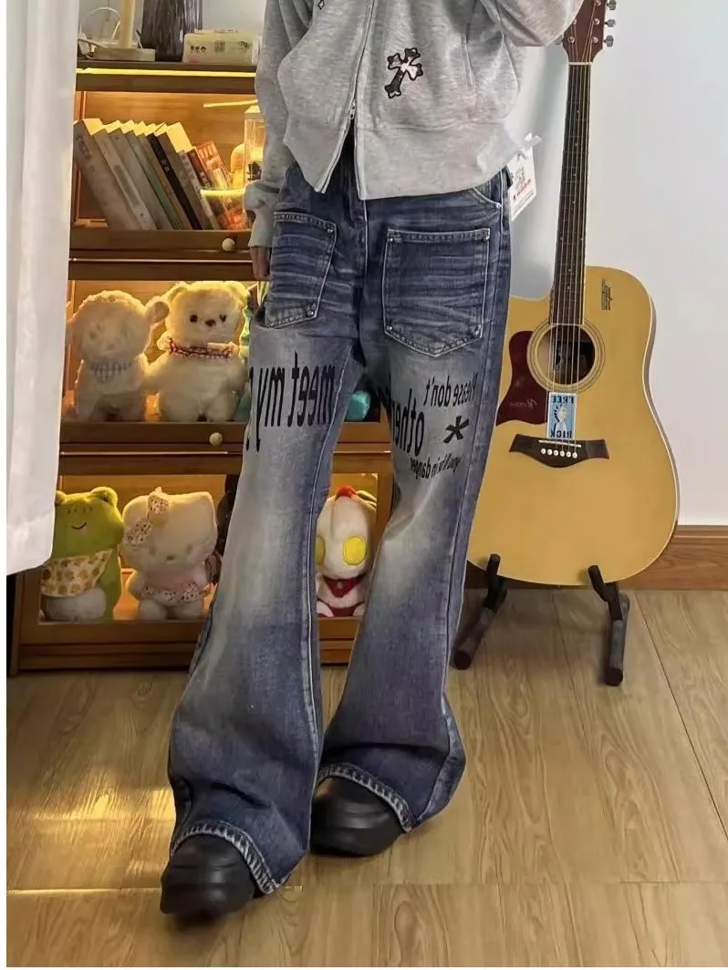 

Синие винтажные джинсы-леггинсы Blue Waed с надписями, мужские повседневные износостойкие всесезонные джинсы свободного кроя