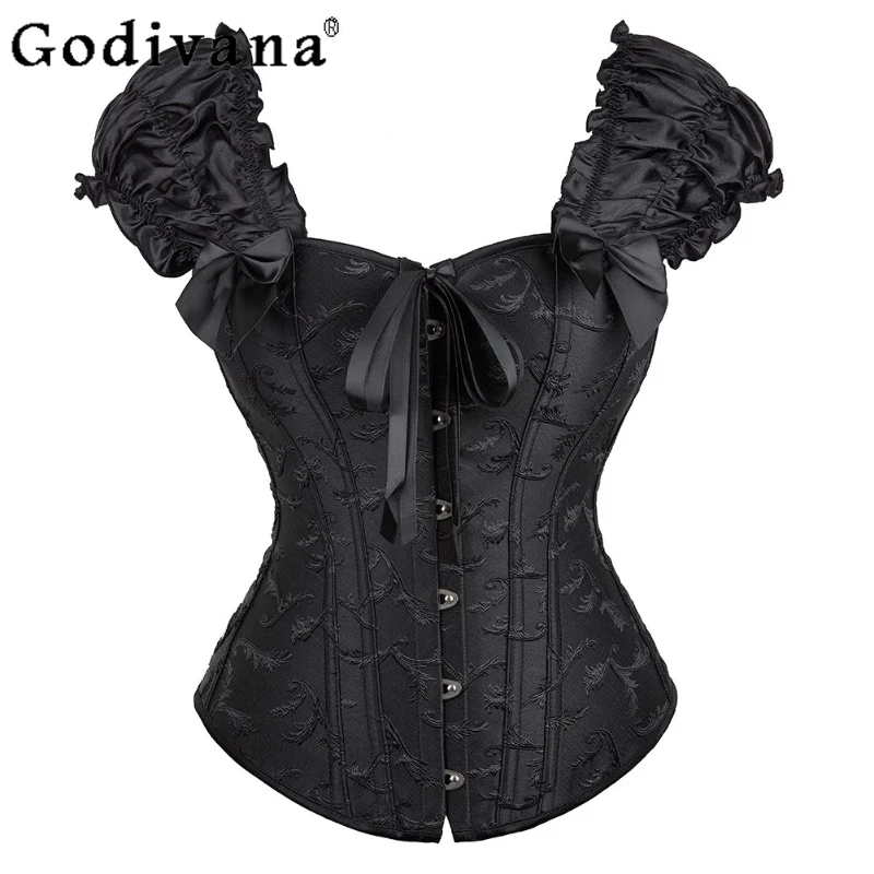 

Sweet Puff Sleeve Jacquard Fabric Short Fishbone Vest Single-breasted Lace-up Waist Cinching Sexy Black Versatile Suspender Top
