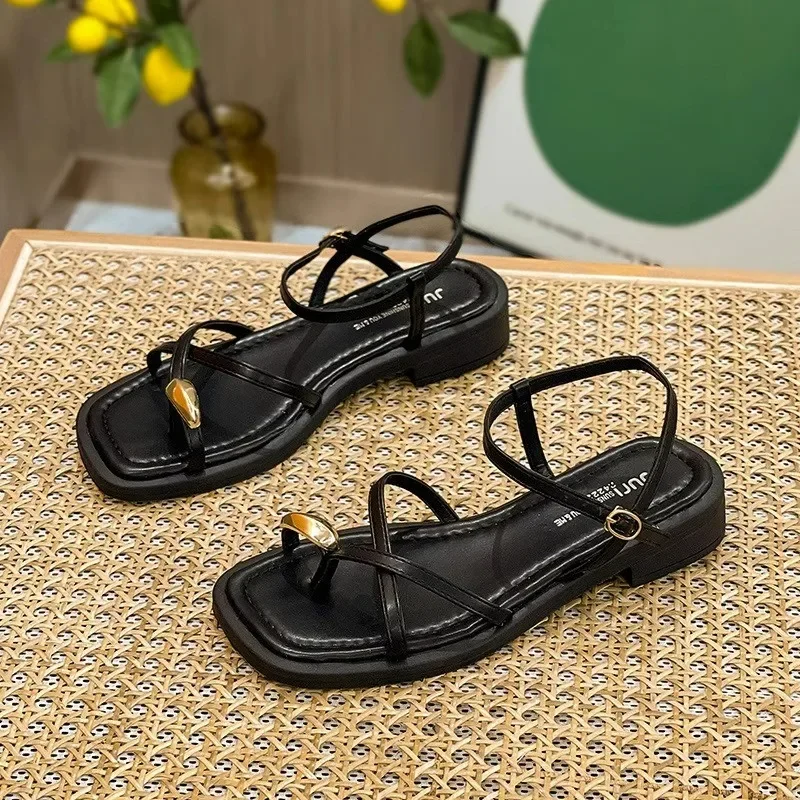 Heeled Sandals Shoes Women's Black Beach New Summer 2024 Girls Low Comfort Sports Casual Solid