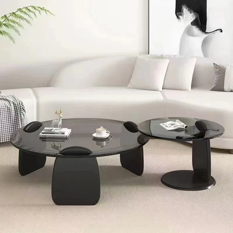 Moderna mesa de café de vidro minimalista, sofá criativo, sala de estar, agregado familiar, lado redondo, luxo acessível, novo