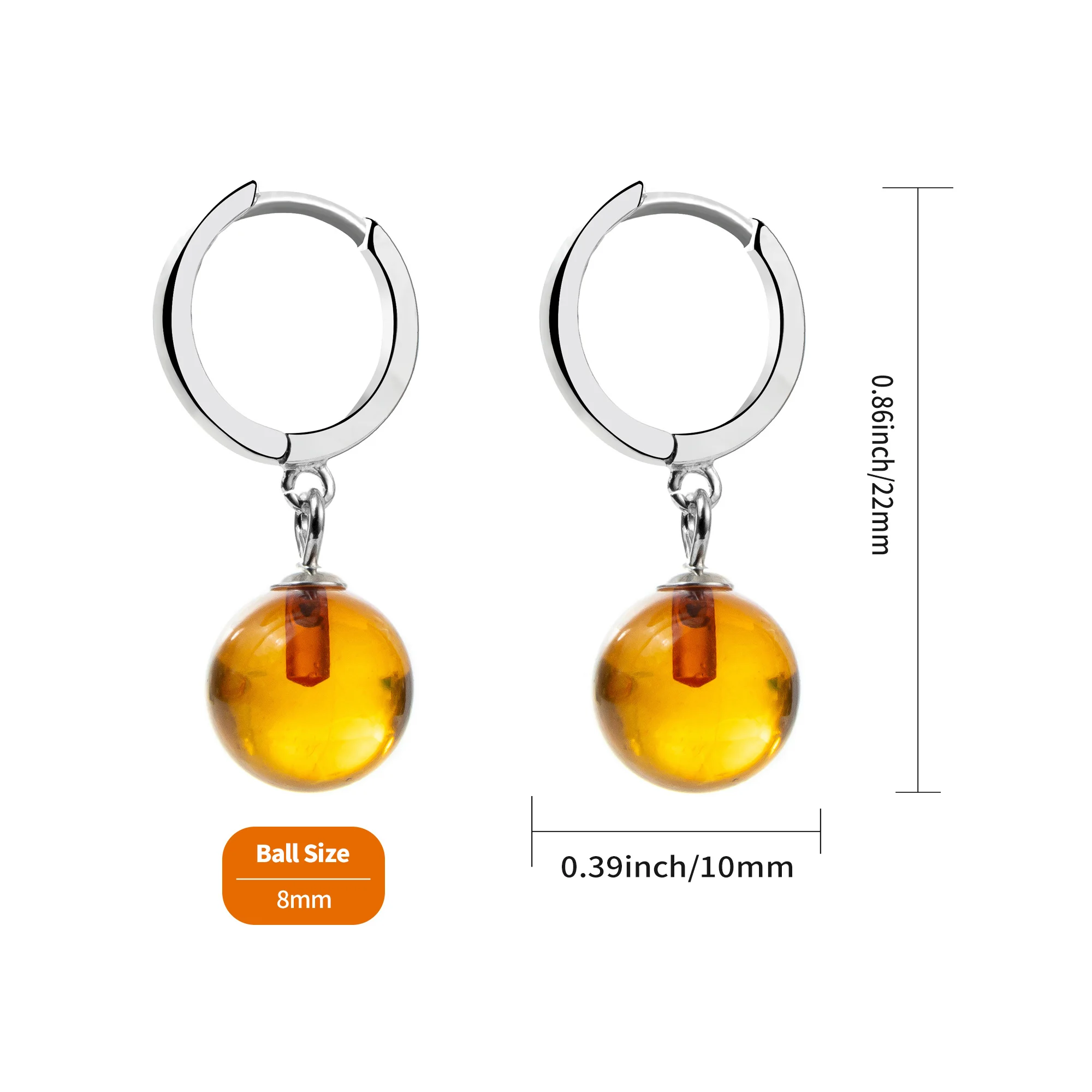 Genuine Baltic Amber Small Hoop Earrings for Women in 925 Sterling Silver, Rich Cognac Color