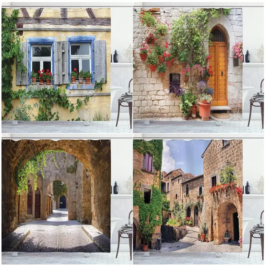 Italian Street Landscape Shower Curtains Vintage Brick Wall Flowers Plants Garden Wall Hanging Polyester Bathroom Decor Hooks