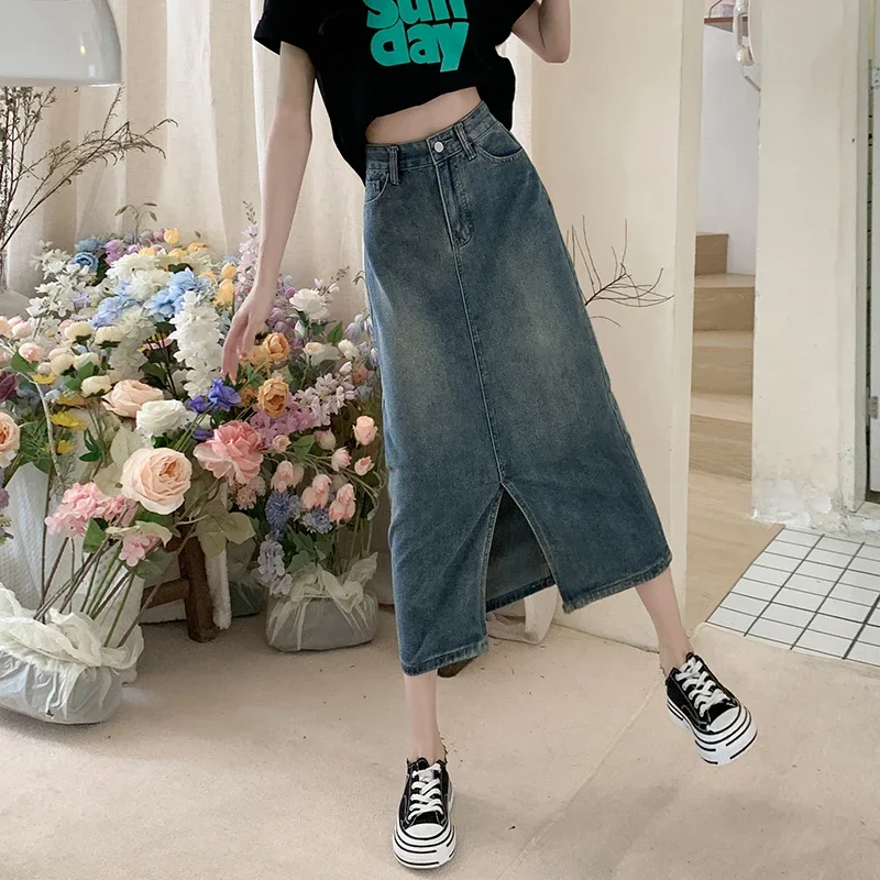 

Vintage Skirts for Women High Waist Split Long Jupe Y2k Clothes Fashion Casual Denim Bodycon Korean Summer Skirt Ropa Mujer 2023