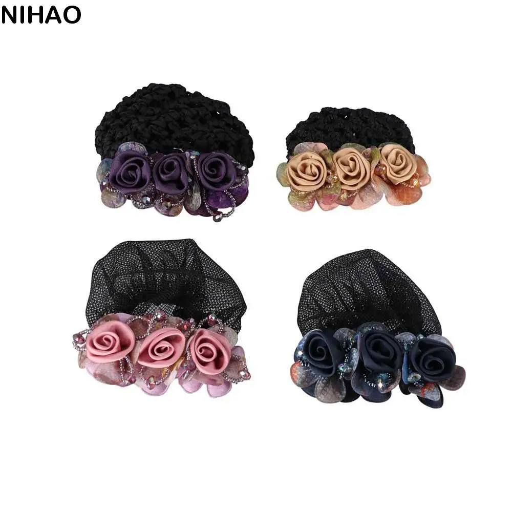 Hair Clip Mesh Floral For Nurses For Flight Attendant Barrettes Zircon Women Bun Net Crystal Hairnet Cover Flower Bun Snood