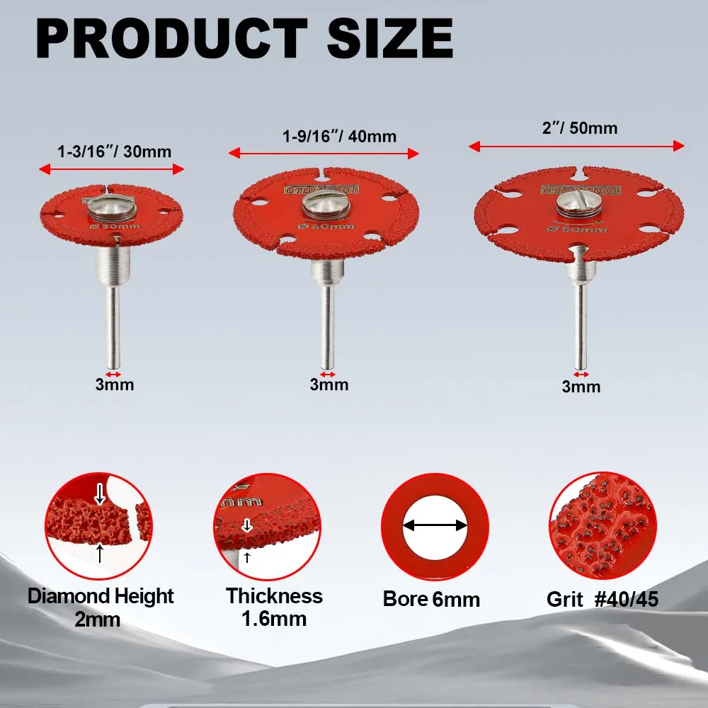 DT-DIATOOL Diamond Mini Cut Disc Set 30/40/50mm Iron Saw Blade Removable Shank Hand Tool Steel Metal Iron Pipe Nail Cut Plate view 5