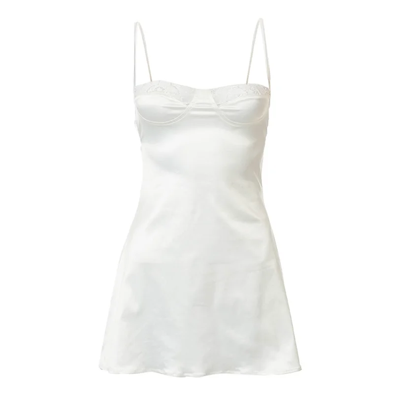 Women's Sexy Lace Patchwork Satin Dress Low-cut Sleeveless Backless Hollow-Out A-line Mini Dresses Sleepwear Y2K Streetwear