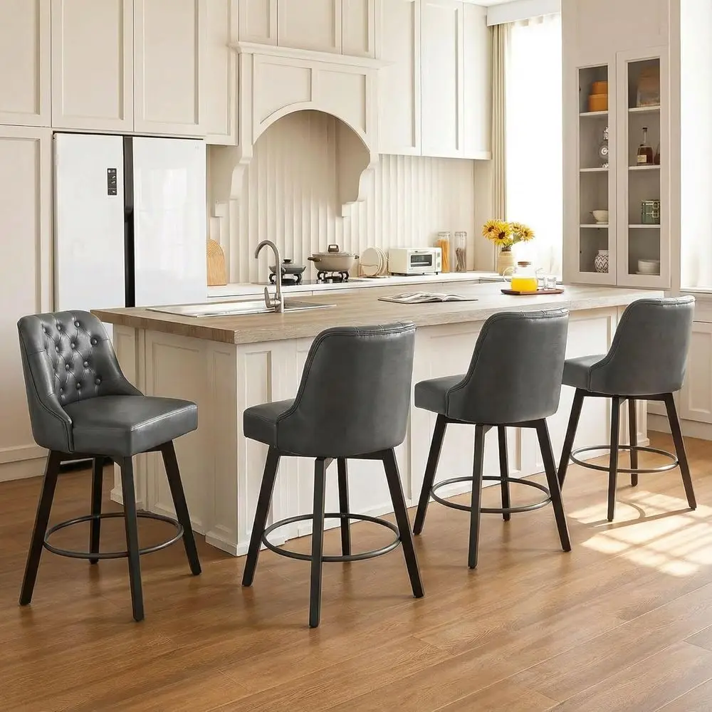 

Set of 4 Grey Leather Swivel Bar Stools, 26 Seat Height for Kitchen Island or Counter