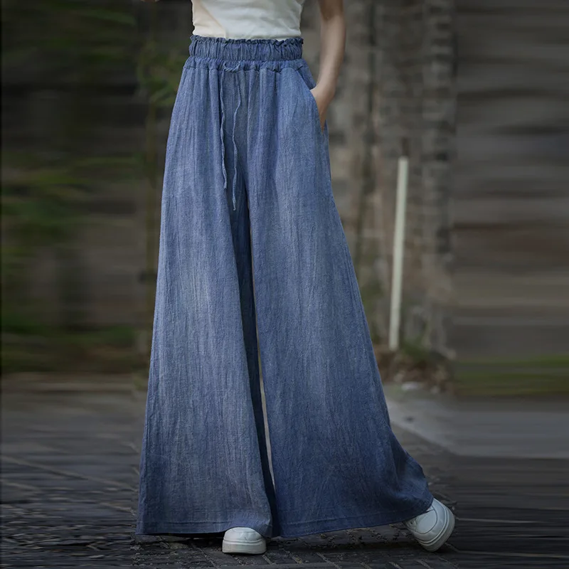 

Latte Art Elastic Waistband Ramie Handmade Tie-Dye Lace-up Mid-Waist Wide-Leg Pants Loose Women's Draped