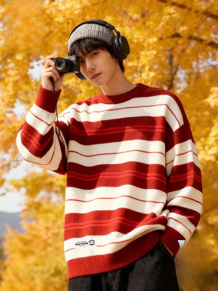 

Thiened Stripe Sweater Men's Autumn Winter Warm Knitted irt Big Mouth Monkey American Sle Casual Loose Fit