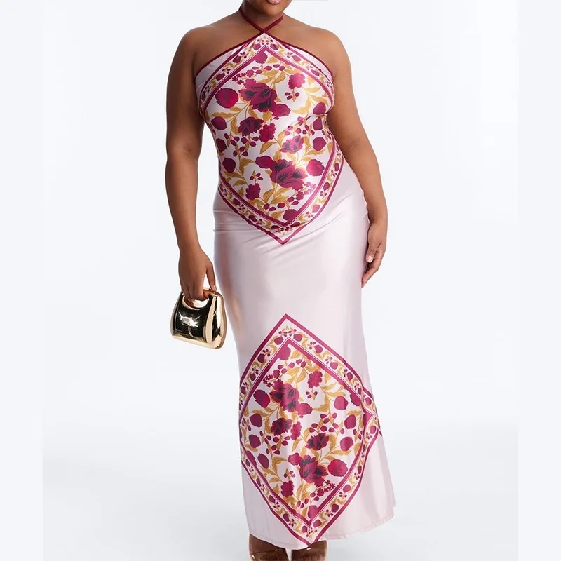 Robe de soirée élégante vintage en satin à imprimé floral, dos nu, coupe sirène, pour la plage et les vacances d'été, pour femme