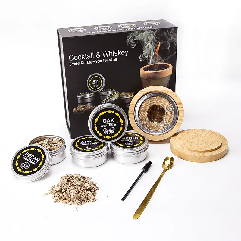 4 Stück Holzchips für Cocktail-Smoker-Set – Natürliches Hartholz (Apfel, Kirsche, Eiche, Walnuss) – Whiskey-Getränkezubehör, Bar-Geschenk – Detail 1
