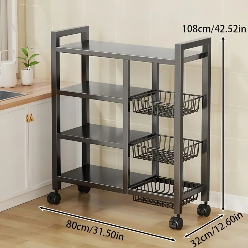 1pc Movable Storage Rack, Adjustable 4-Storey Kitchen Shelf with 3 Wire Baskets, Kitchen Organizer And Storage