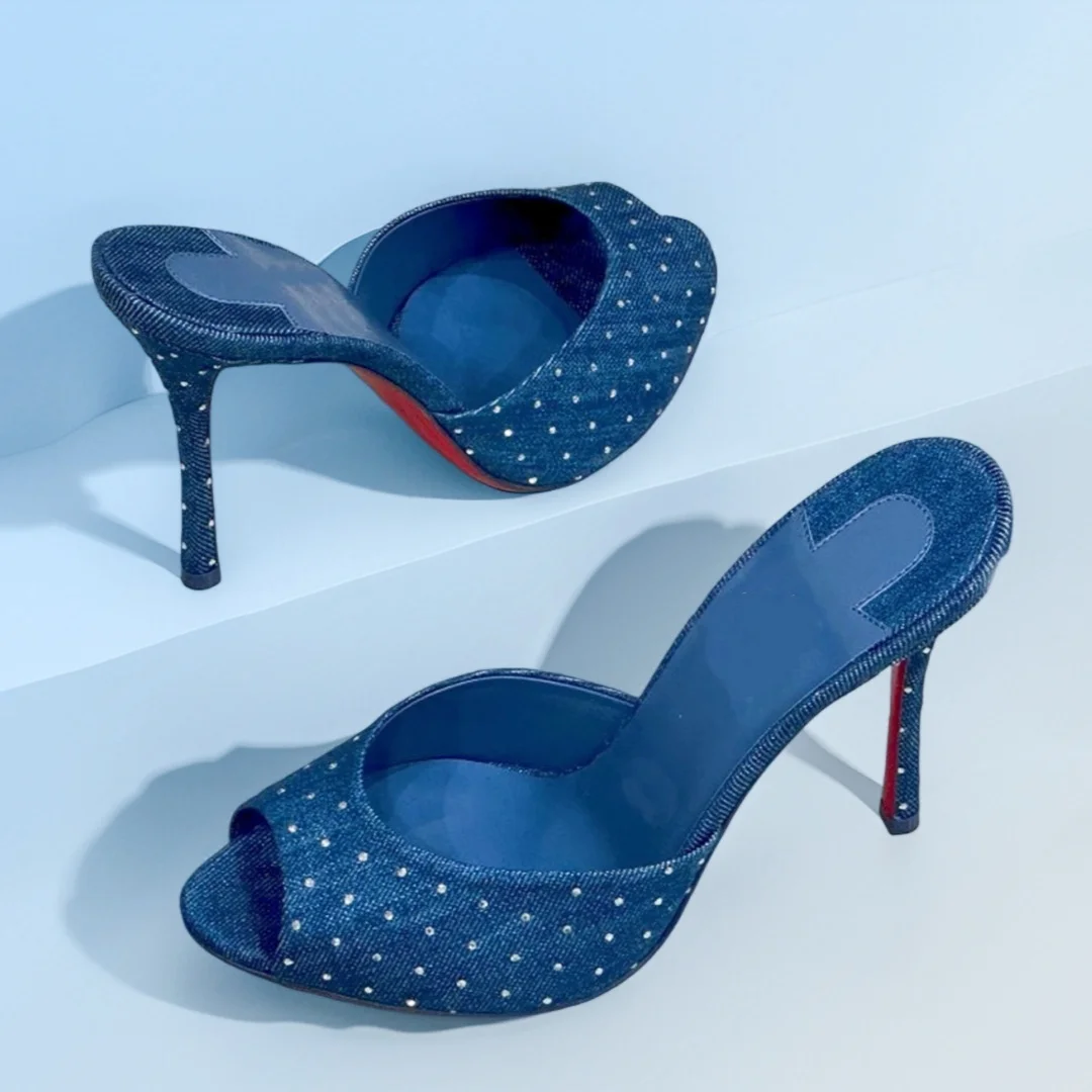 

8cm 10cm High Heels Stiletto Cloth Beach Sandals Denim Diamond Shoes Women New Peep Toe Blue Shiny Cute Slingback Slippers Girls