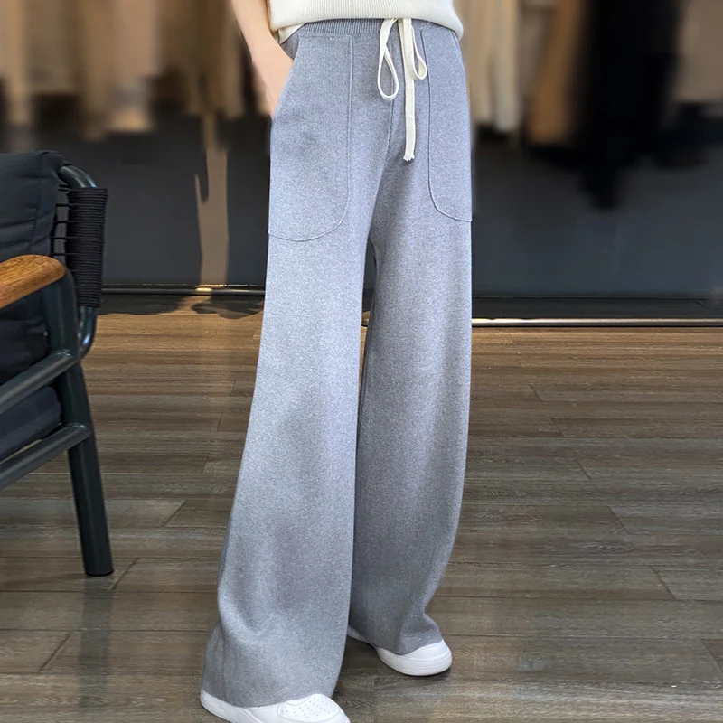 Autumn Winter 2023 New Fashion High Quality Wool Loose Knit Wide Leg Drop Straight Trousers Cashmere Woolen Elastic waist pants