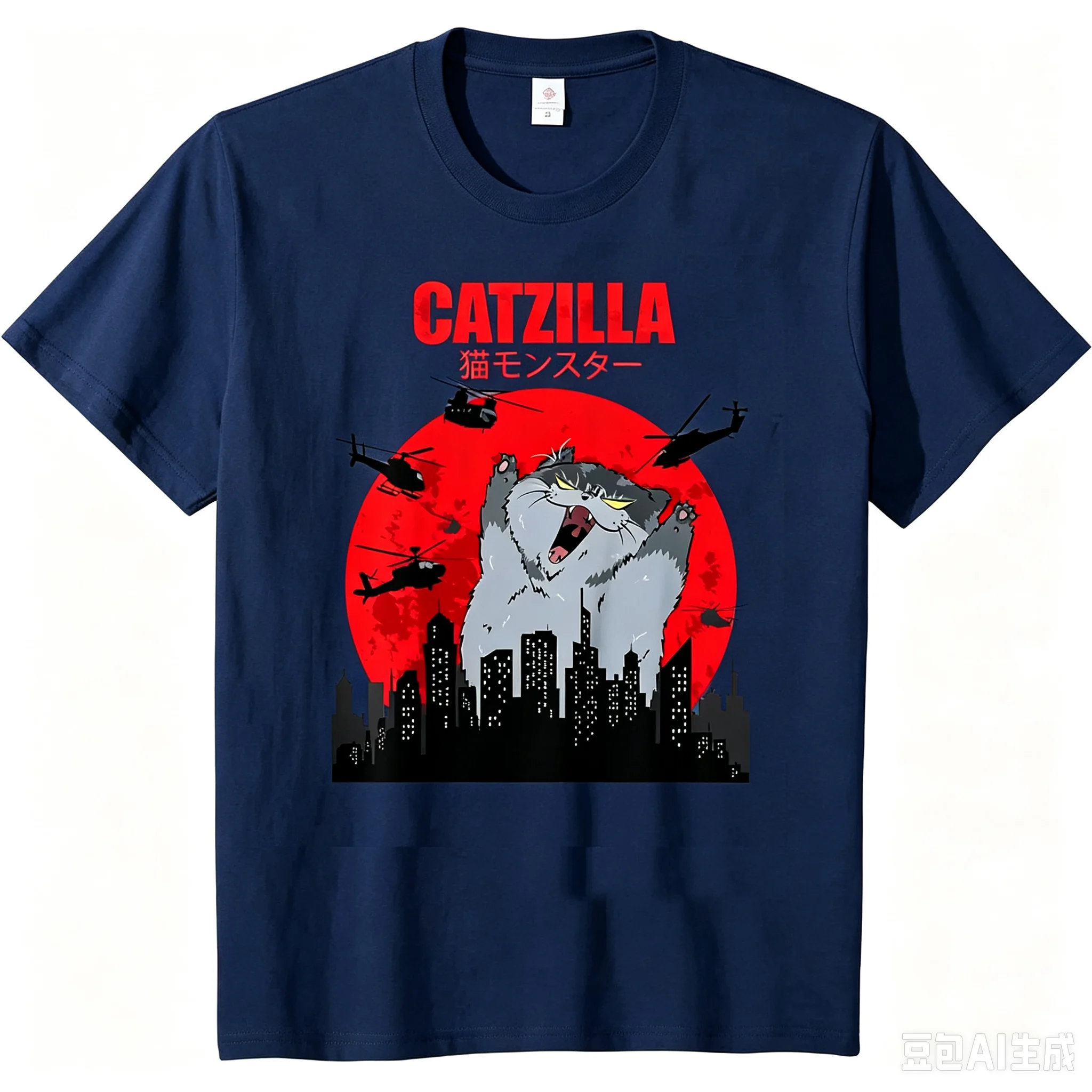 2026 New Funny Cute Art Japanese Cat Graphic Catzilla T‑Shirt For Cat Lover Cotton Fashion Tops For Adults And Kids