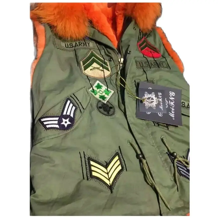 Army Green Badge Fur Vest For Ladies Winter Orange Faux Fur Lined Waistcoat Parka Women Wear