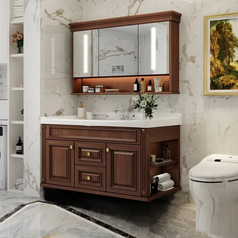 American smart bathroom cabinet wall-mounted solid wood bathroom hand wash basin cabinet mirror view 3