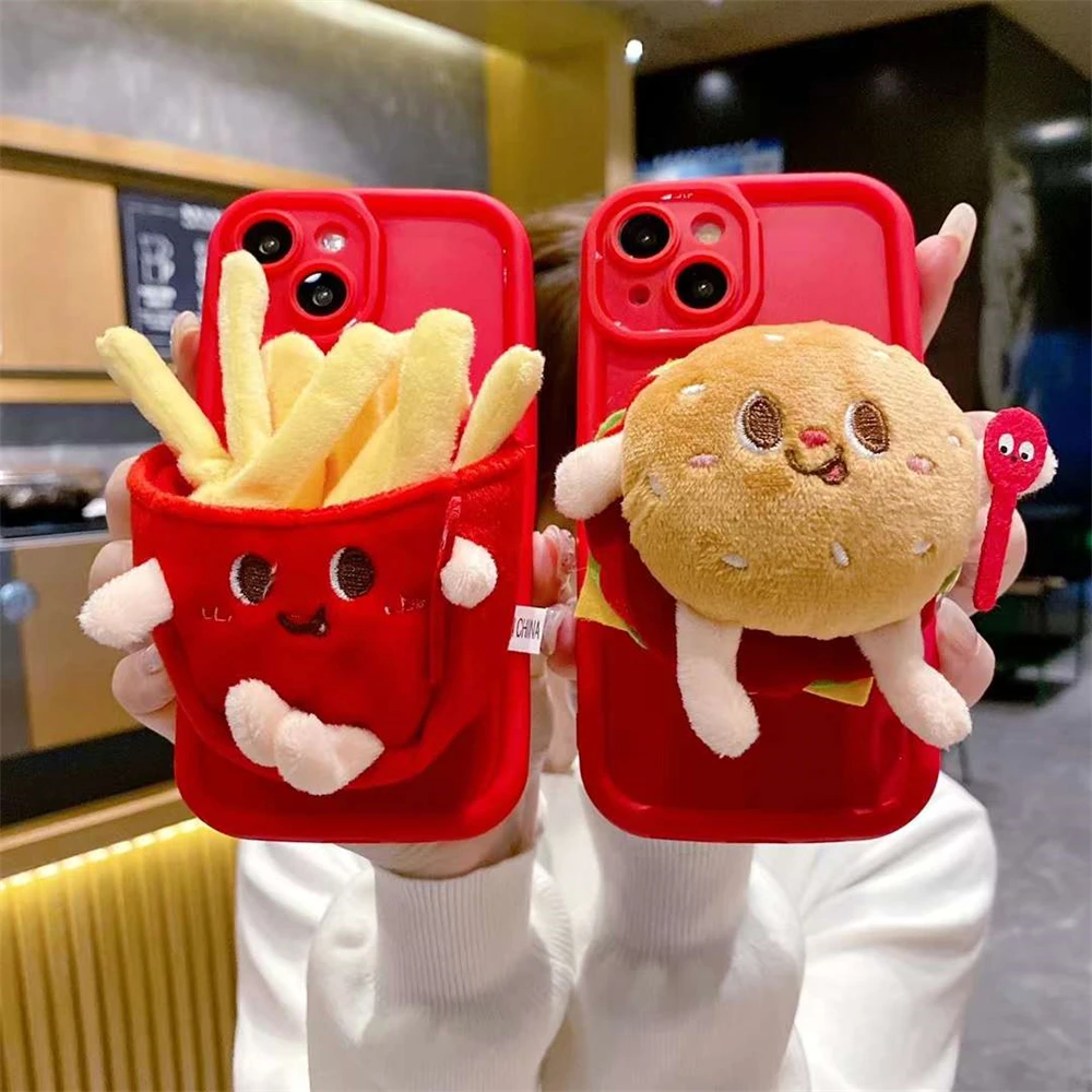 Cute 3D Cartoon Burger Fries Holder Case For iPhone 15 14 13 12 11 Pro Max Plus X XS Funny Lovely Korea Silicone Soft Back Cover