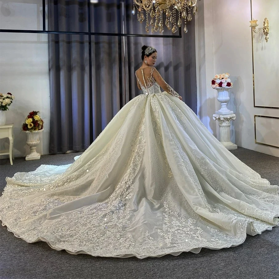 Moderner U-Ausschnitt Shinny Kristall perlen Ballkleid Brautkleid Vestido de Casamento volle Ärmel Knöpfe zurück Brautkleid